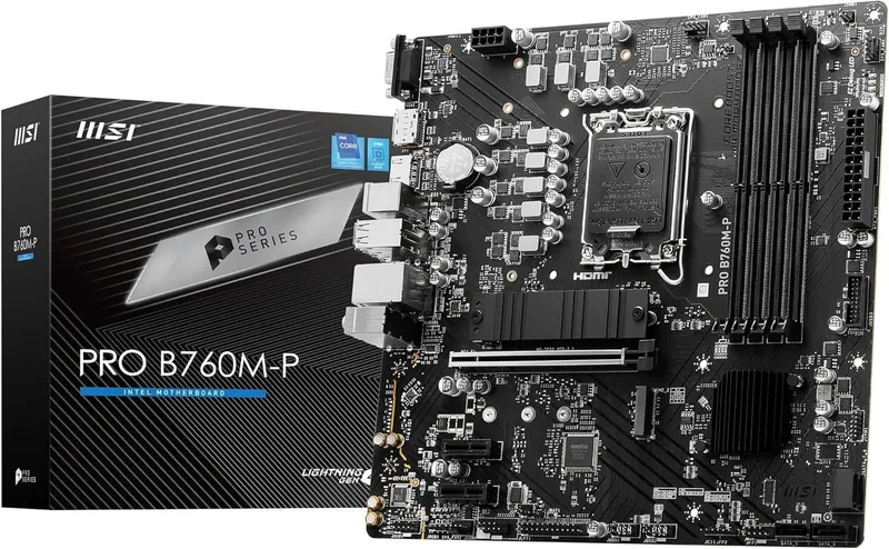 MSI ▫️ Placa-mãe PRO B760M-P, Micro-ATX, suporta processadores Intel Core de 12.ª e 13.ª geração, LGA 1700, DDR5 Memory Boost 6800+MHz/OC, ranhura PCIe 4.0 x16, ranhuras M.2 Gen4