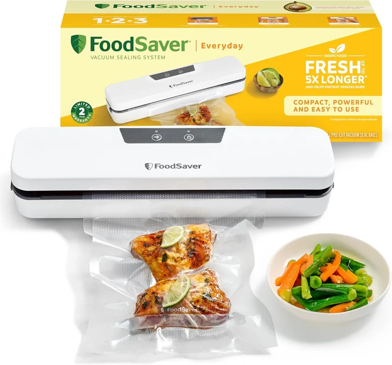 FoodSaver ▫️ Máquina de embalagem a vácuo Everyday | Mantém os alimentos frescos até 5 vezes mais tempo | Máquina de embalagem a vácuo com design compacto | Inclui 5 sacos para embalagem a vácuo (0,94 l e 3,78 l)