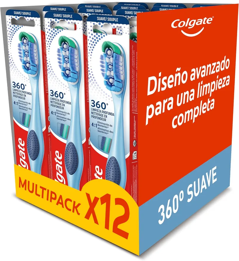 Colgate ▫️ 360 Limpeza Profunda - Escova de Dentes Suave, 12 unidades, elimina as bactérias dos dentes, da língua, das bochechas e das gengivas, as cerdas interdentais limpam entre os dentes, cerdas antibacterianas*
