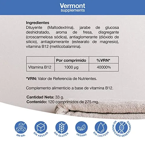 Vermont Supplements ▫️ Vitamina B12 Sublingual 1000 mcg - 120 Comprimidos com Sabor a Morango | Suplemento vitamínico com metilcobalamina para o desenvolvimento celular, que favorece a produção de energia | 2