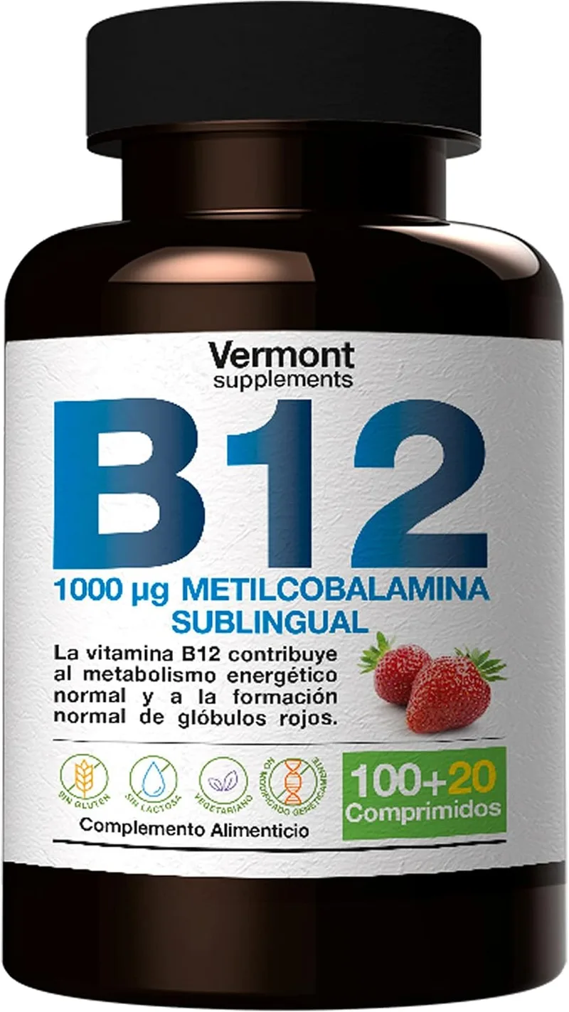 Vermont Supplements ▫️ Vitamina B12 Sublingual 1000 mcg - 120 Comprimidos com Sabor a Morango | Suplemento vitamínico com metilcobalamina para o desenvolvimento celular, que favorece a produção de energia |