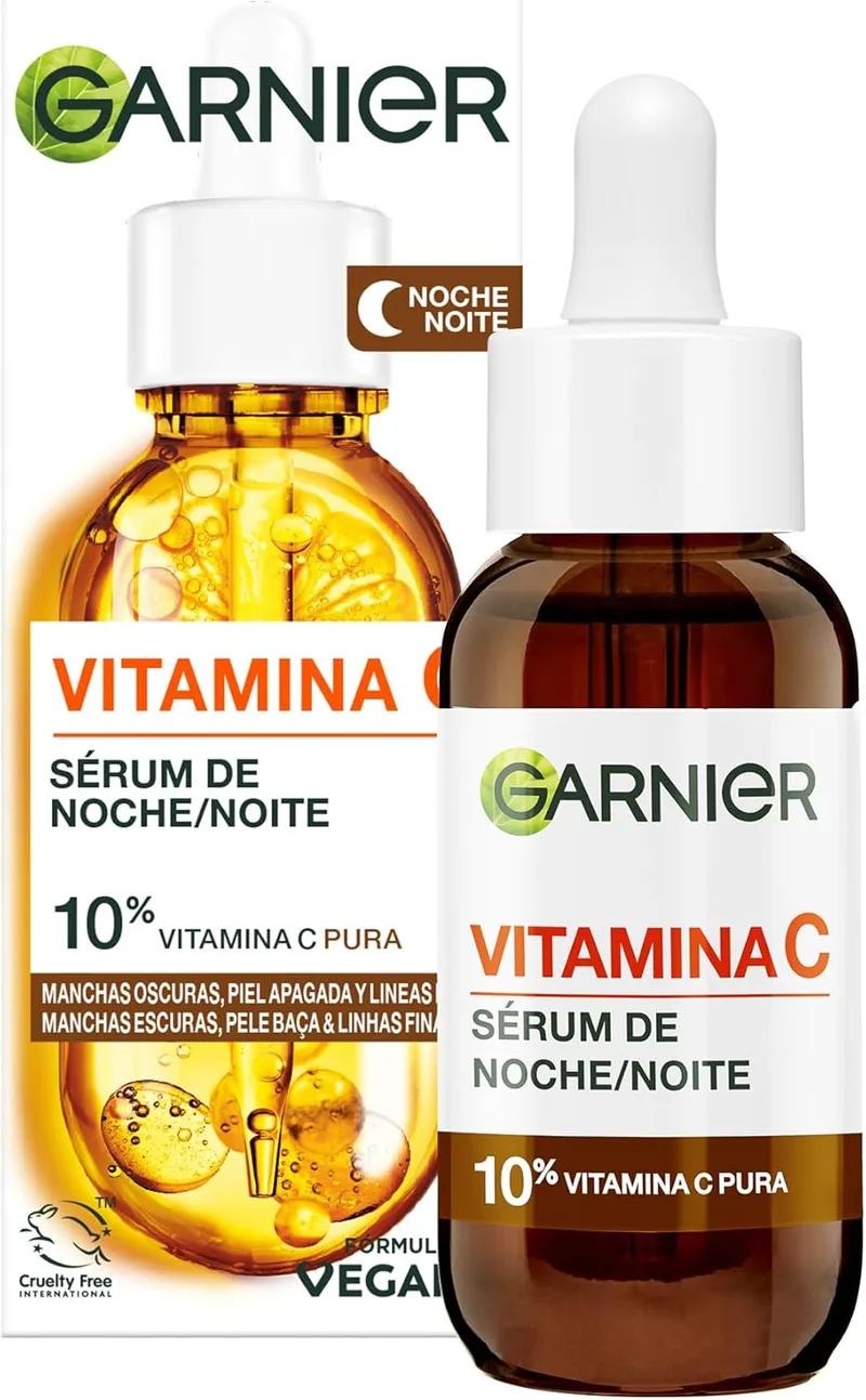 Garnier ▫️ SkinActive Vitamin C Anti-Blemish Night Serum com 10% [Vitamina C pura + Ácido hialurónico]. Reduz as manchas escuras, a pele baça e as rídulas em apenas 3 noites. 30 ml