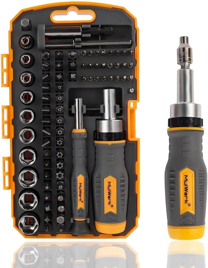 MULWARK ▫️ Conjunto de 77 peças com chaves de fendas e pontas, sistema de catraca com caixa de arrumação, chave de fendas multifunções 77 em 1 para bricolage, eletrónica, emergências automóveis e oficina