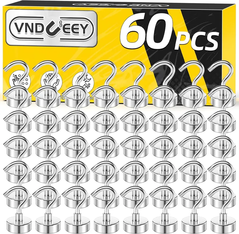 VNDUEEY ▫️ Conjunto de 60 ganchos magnéticos potentes de 25 libras, ganchos magnéticos de metal para pendurar, para o cruzeiro, cozinha, garagem, sala de aula e escritório