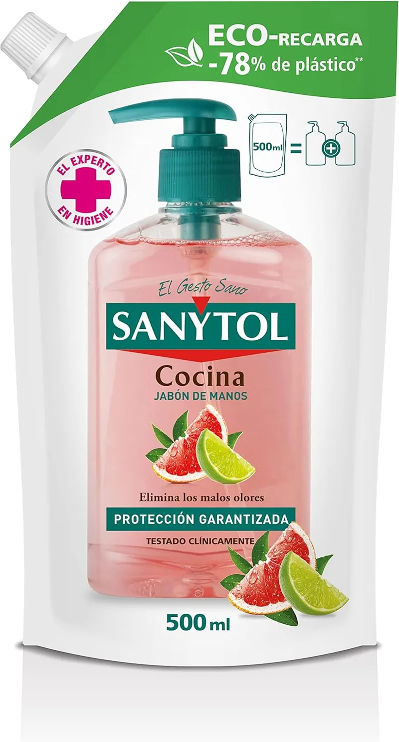 Sanytol ▫️ Eco Recarga Sabonete de Mãos para Cozinha, aroma a toranja e limão, elimina os maus odores, proteção total contra agentes externos, embalagem resistente - 500 ml