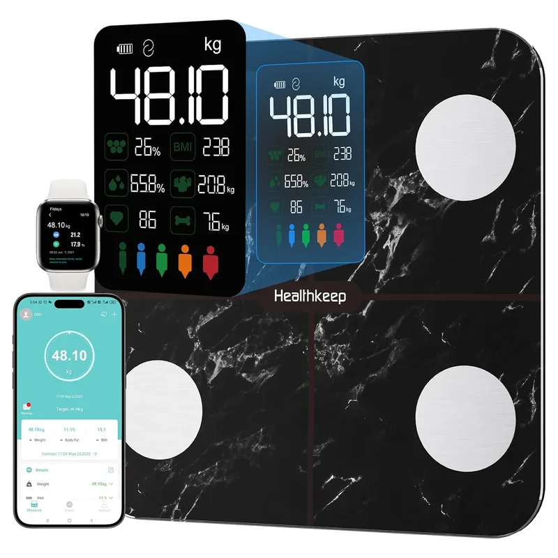 Healthkeep ▫️ Balança de casa de banho digital para medição da gordura corporal, balança inteligente Bluetooth com análise (preto profundo)