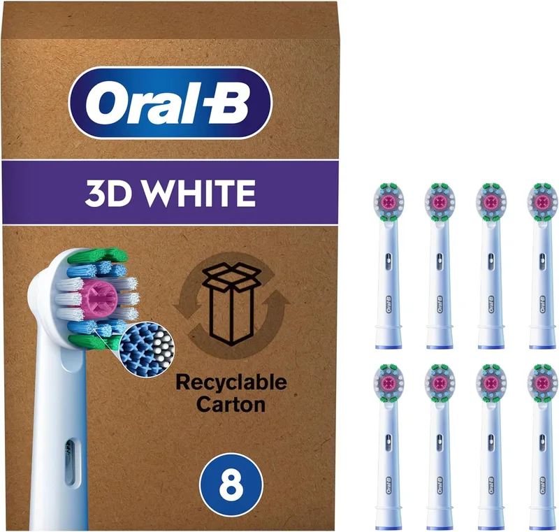 Oral-B ▫️ Pro 3D White Cabeças de substituição ORIGINAIS para a escova de dentes eléctrica Oral B Pro, embalagem de 8 recargas brancas com copo de polimento para remoção de manchas, efeito branqueador, tamanho de caixa de correio