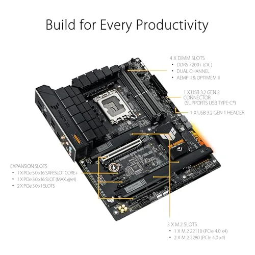 ASUS ▫️ Placa-mãe Tuf Gaming B760-Plus Wi-Fi com chipset Intel B760, soquete LGA 1700, formato ATX, memória DDR5 até 128 GB e Wi-Fi 6e (90mb1er0-M1eay0) 3