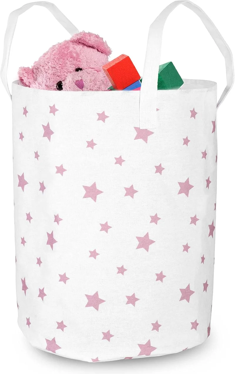 Nukido ▫️ Toy Basket - Toy Cube - Cesto de arrumação para quarto de criança - Arrumação de roupa - Organizador de roupa e cobertores - Grande - Branco com estrelas - 60 cm x 35 cm
