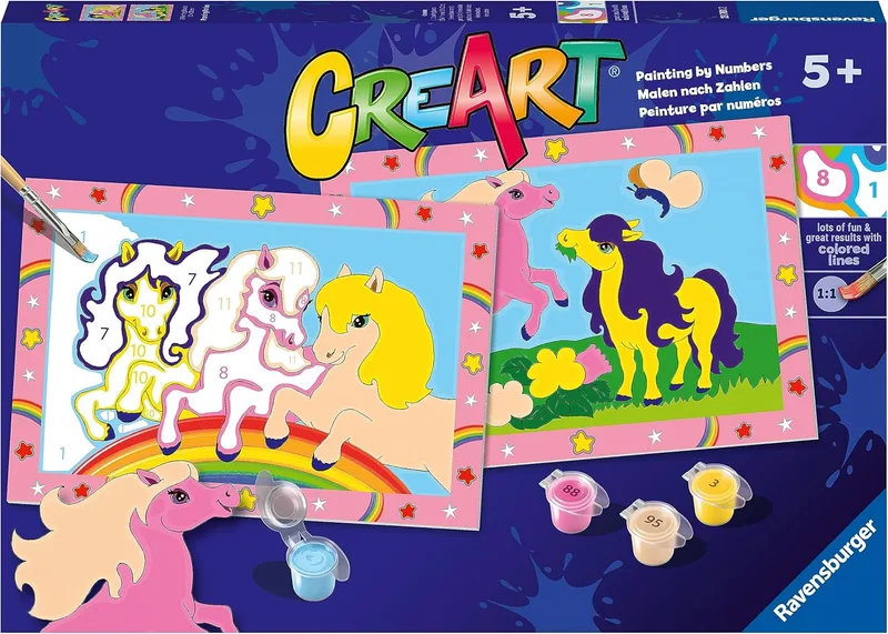 Ravensburger - CreArt Junior Series: Cavalos, Kit de pintura de números, contém dois quadros pré-impressos, pincel, cores, conjunto de jogos criativos para rapazes e raparigas com mais de 5 anos