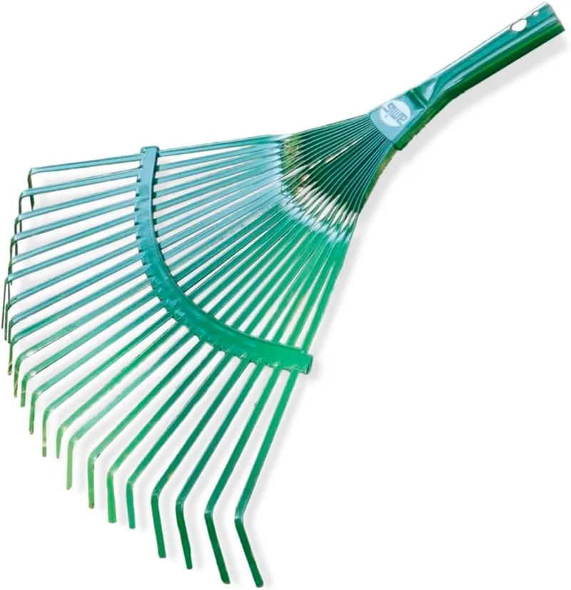 Amig ▫️ Vassoura de jardim - Aço - Ancinho com 22 dentes metálicos planos e lâminas fixas - Recolhe, apanha folhas e restos de relva - Verde - Medidas: 400 mm - Cabo não incluído