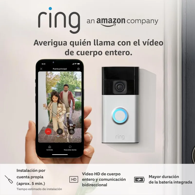 Ring ▫️ Campainha de vídeo com bateria (2024), com vídeo HD de corpo inteiro, fácil auto-instalação (5 min), com bateria integrada e 30 dias de carregamento gratuito Home