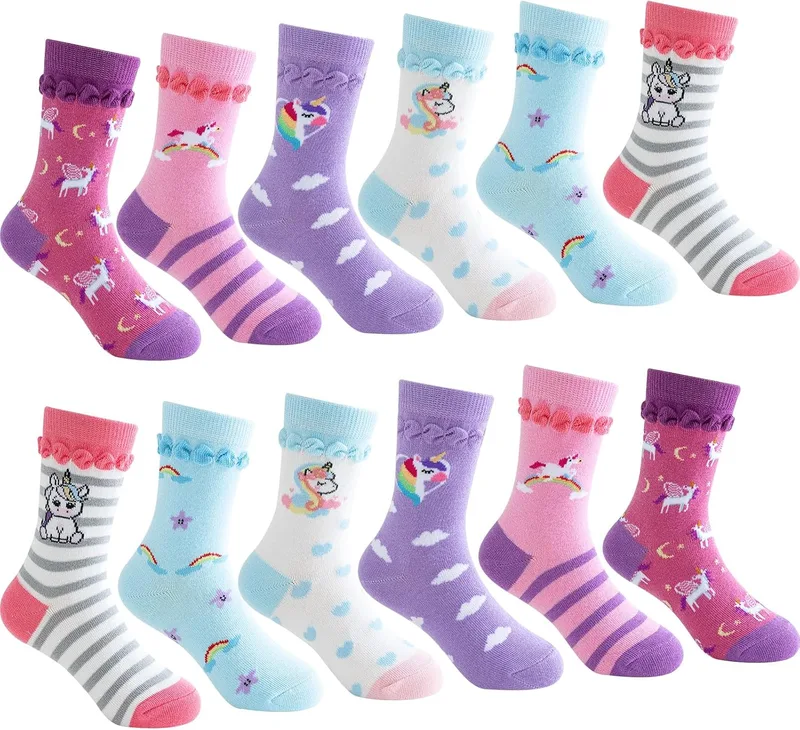 Cirorld ▫️ Meias Divertidas para Meninas, Meias com Animais: Unicórnio, Sereia e Listras, Meias Coloridas de Algodão para Meninas, Meias sem Costuras para Meninos, 2-11 anos, 6 pares