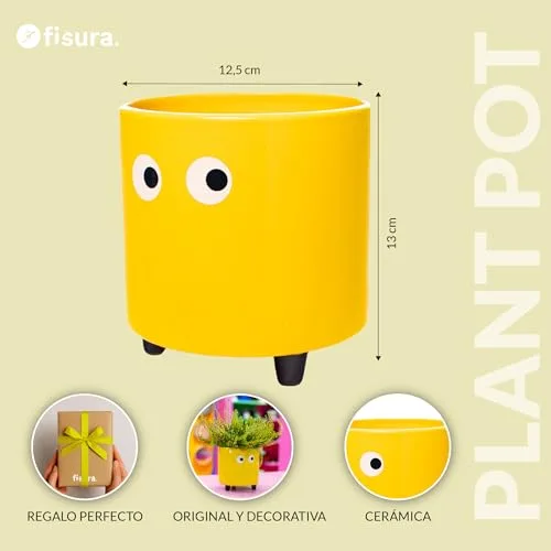 Fisura ▫️ Vaso original com desenho de olhos. Decoração de interior. Vaso com pés para cactos. Vaso de cerâmica amarelo para flores e suculentas. 13 x 12,5 cm. 2