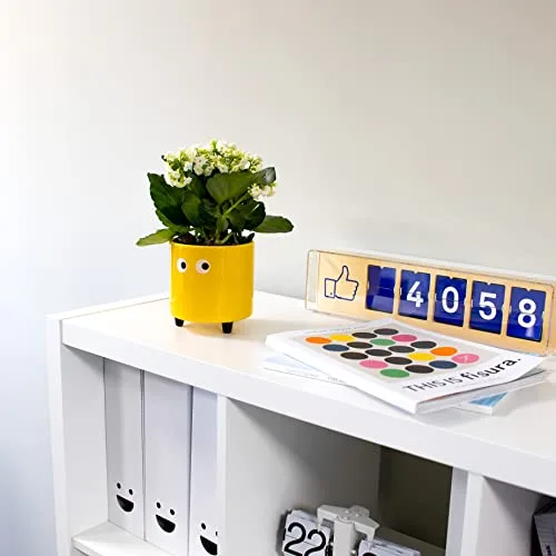 Fisura ▫️ Vaso original com desenho de olhos. Decoração de interior. Vaso com pés para cactos. Vaso de cerâmica amarelo para flores e suculentas. 13 x 12,5 cm. 5