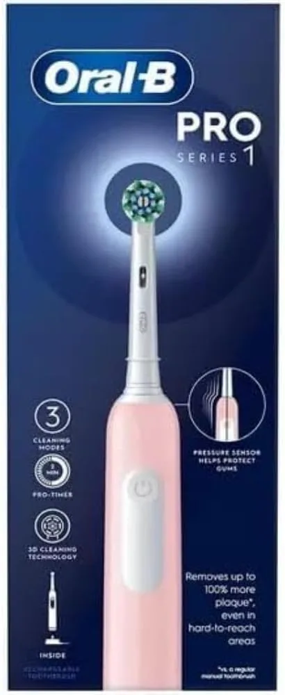 Oral-B ▫️ Escova de dentes elétrica Pro 1 para adultos com limpeza 3D, 1 cabeça de escova, controlo de pressão nas gengivas, ficha britânica de 2 pinos, cor rosa