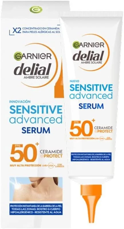 Garnier ▫️ Delial Delial Sensitive Advanced Body Sun Serum Proteção Muito Elevada SPF 50+. Com [Ceramida] para reforçar a barreira cutânea. Para peles claras, sensíveis e intolerantes ao sol. 125 ml