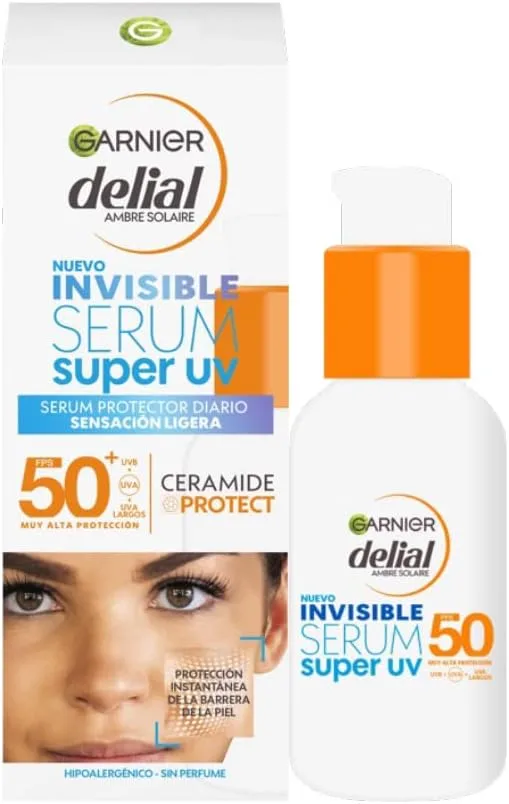 Delial ▫️ Garnier Super UV Invisible Sérum de Uso Diário [Ceramide Protect]. Proteção muito elevada SPF 50+. Sensação de leveza. Proteção instantânea da barreira cutânea. Sem perfume. 30 ml