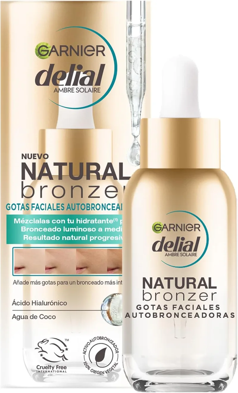 Garnier ▫️ DELIAL Gotas Faciais Autobronzeadoras com Ácido Hialurónico e Água de Coco – Bronzeado Personalizado Sem Marcas – 30 ml