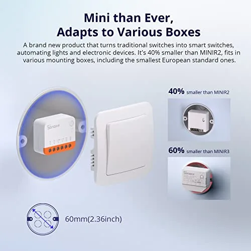 SONOFF ▫️ Interruptor Wi-Fi inteligente de 2 vias, MINIR4 – 4 unidades de mini interruptores inteligentes Wi-Fi, controlo por aplicação, controlo por voz, compatível com Alexa e Google Home Assistant. Certificação TUV (10 A, 2400 W). 3