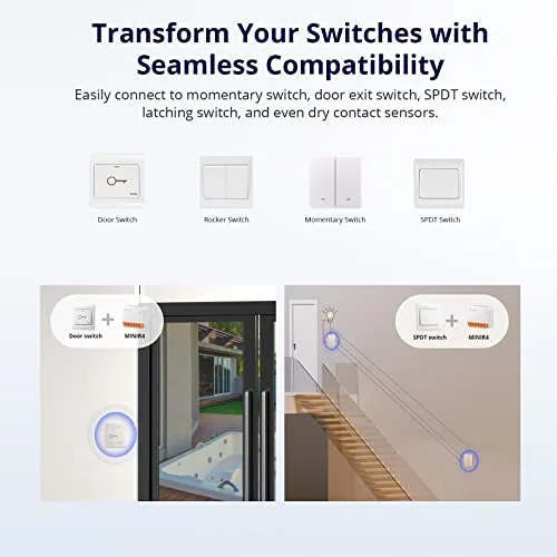 SONOFF ▫️ Interruptor Wi-Fi inteligente de 2 vias, MINIR4 – 4 unidades de mini interruptores inteligentes Wi-Fi, controlo por aplicação, controlo por voz, compatível com Alexa e Google Home Assistant. Certificação TUV (10 A, 2400 W). 5