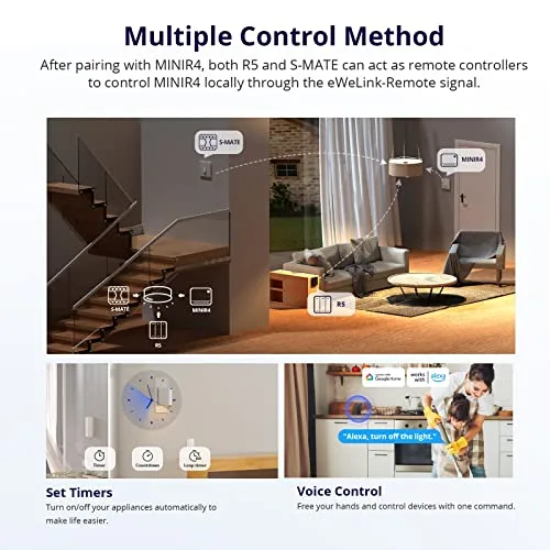 SONOFF ▫️ Interruptor Wi-Fi inteligente de 2 vias, MINIR4 – 4 unidades de mini interruptores inteligentes Wi-Fi, controlo por aplicação, controlo por voz, compatível com Alexa e Google Home Assistant. Certificação TUV (10 A, 2400 W). 6