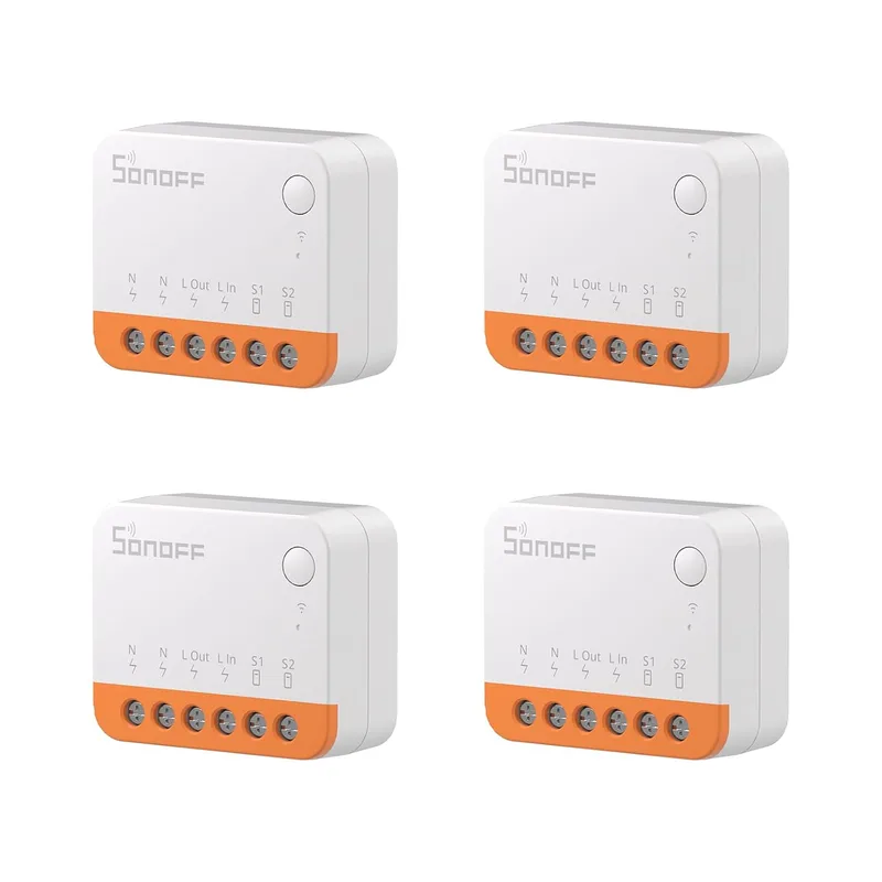 SONOFF ▫️ Interruptor Wi-Fi inteligente de 2 vias, MINIR4, 4 unidades – mini interruptor inteligente Wi-Fi, controlo por aplicação, controlo por voz, compatível com Alexa e Google Home Assistant. Certificação TUV (10 A, 2400 W).