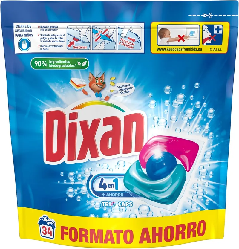Dixan ▫️ Cápsulas Total+ 4 em 1 Trio Caps (34x12), detergente em cápsulas para roupa clara e branca, detergente com grande poder de remoção de manchas, sensação de frescura, formato económico, 34 lavagens