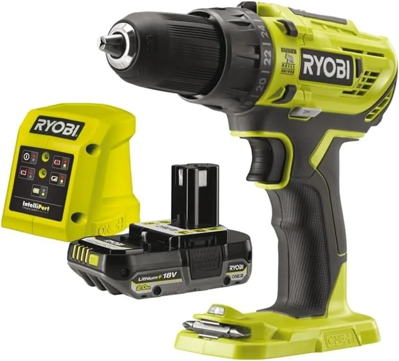 Ryobi ▫️ Furadeira-aparafusadora de percussão de 18 V, 2 velocidades, 50 Nm, 500-1800 rpm, 24 posições, porta-brocas de 13 mm, inclui 1 bateria de 2 Ah e carregador – R18PD32-1C20G 2