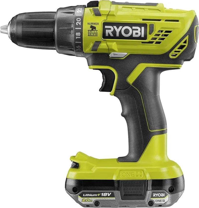Ryobi ▫️ Furadeira-aparafusadora de percussão de 18 V, 2 velocidades, 50 Nm, 500-1800 rpm, 24 posições, porta-brocas de 13 mm, inclui 1 bateria de 2 Ah e carregador – R18PD32-1C20G