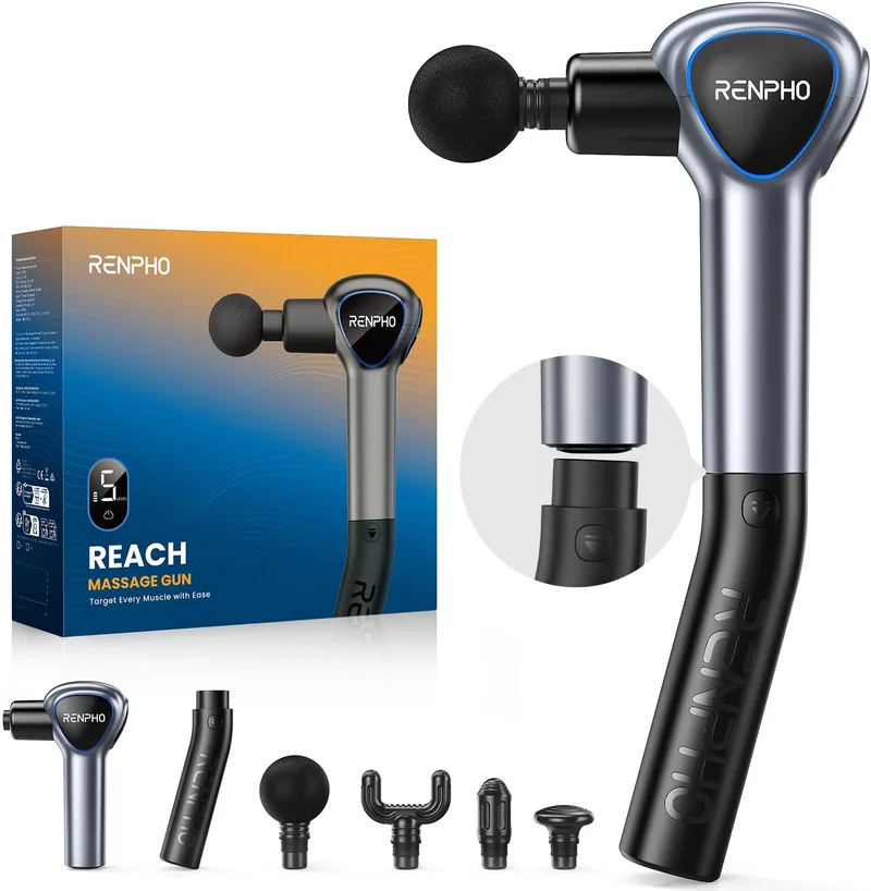 RENPHO ▫️ Reach Pistola de massagem com cabo extensível, massagem profunda cinzenta | Massajador muscular por percussão com 4 cabeças, ecrã tátil LED, massagem fácil nas costas e estojo portátil