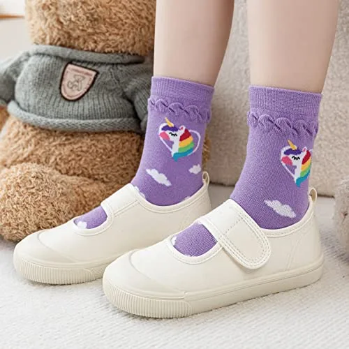 Cirorld ▫️ Meias Divertidas para Meninas, Meias com Animais: Unicórnio, Sereia e Listras, Meias Coloridas de Algodão para Meninas, Meias sem Costuras para Meninos, 2-11 anos, 6 pares 2