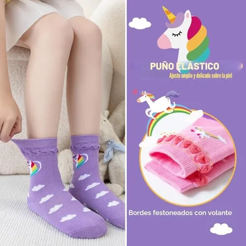 Cirorld ▫️ Meias Divertidas para Meninas, Meias com Animais: Unicórnio, Sereia e Listras, Meias Coloridas de Algodão para Meninas, Meias sem Costuras para Meninos, 2-11 anos, 6 pares 6