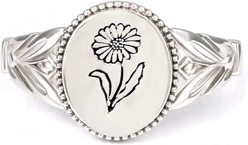 Drawelry ▫️ Anel de prata esterlina para mulher: anéis de margarida, anel de flor de papoila, feito à mão, gravado minimalista, anel de sinete minimalista, presente de jóias de casamento personalizado para