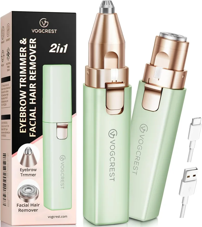 VG VOGCREST ▫️ Removedor de pêlos faciais e das sobrancelhas para mulheres: máquina de barbear facial eléctrica 2 em 1 e aparador de sobrancelhas - Removedor recarregável de pêlos faciais e corporais para mulheres com luz LED