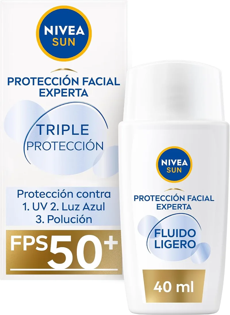 NIVEA SUN ▫️ Creme Solar Facial Tripla Proteção FP50+ com Ácido Hialurónico (40 ml), protetor solar facial ultra-leve e hidratante 50, proteção solar contra os raios UV, a luz azul e a poluição.