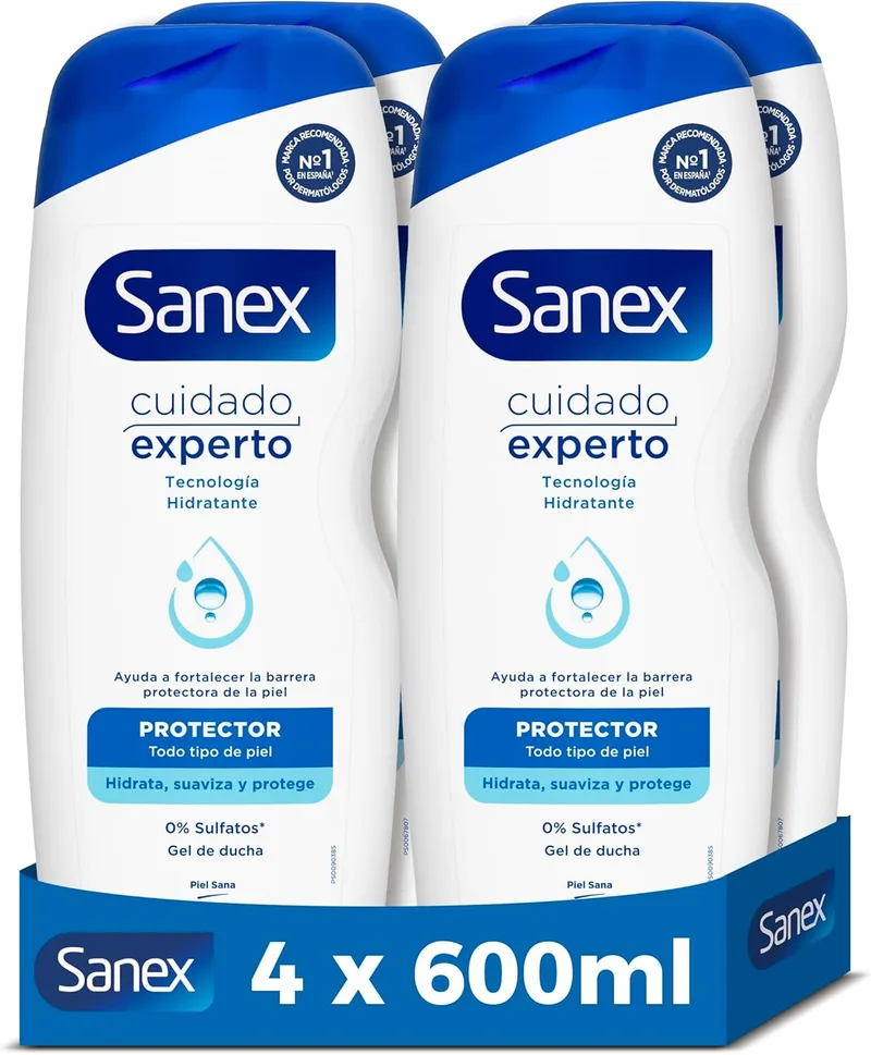 Sanex ▫️ Cuidado Experto Protector Gel de Banho, Embalagem de 4 unidades de 600 ml, Fórmula com prebiótico natural, Fortalece a barreira protetora da pele, 12 horas de hidratação, 0% de sulfatos, para todos os tipos de pele