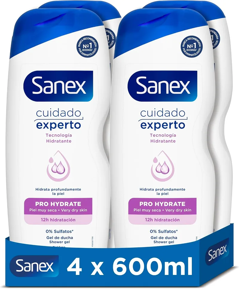 Sanex ▫️ Cuidado Experto Pro Hydrate Gel de Banho, Embalagem de 4 unidades de 600 ml, Fórmula com prebiótico natural, hidrata profundamente a pele, 12 horas de hidratação, 0% de sulfatos, para pele muito seca