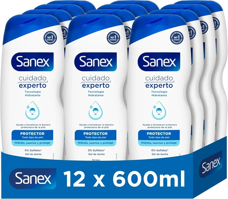 Sanex ▫️ Expert Care Gel de Duche Protetor, Embalagem 12 x 600ml, Gel de Banho, Limpa Suavemente, Ajuda a Melhorar a Barreira Protetora da Pele, 12H Hidratante, Complexo Prebiótico e Pós-biótico