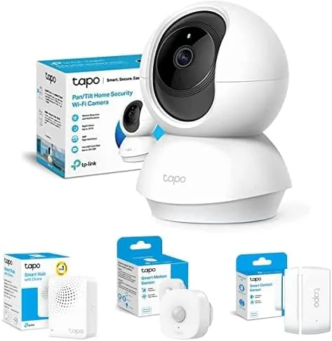 TP-Link ▫️ Pacote com Câmara Tapo C210 Wi-Fi para interiores de 3 MP (2K) + Tapo H100 Smart Hub + Tapo T100, Detetor de Movimento Wi-Fi + Tapo T110, Sensor de Contacto Inteligente