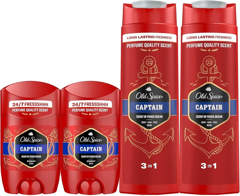 Old Spice ▫️ Captain Men's Deodorant Stick 2x50ml + Men's Gel & Shampoo, 3 em 1 2x400ml, Frescura 24 horas, Uso diário, Fragrância duradoura, Fragrância excecional