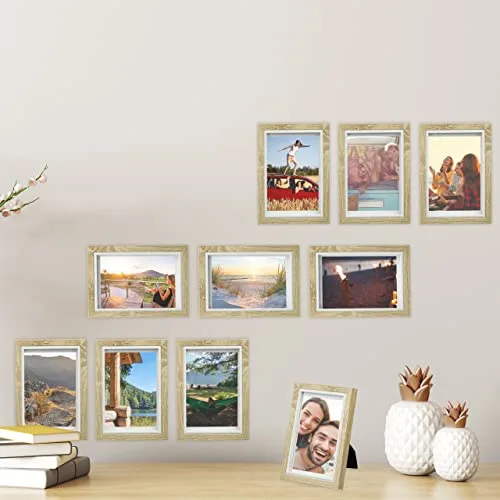 Relaxdays ▫️ Conjunto com 10 molduras para fotografias, 10x15, vertical ou horizontal, efeito madeira, porta-retratos, passepartouts, castanho e branco 2