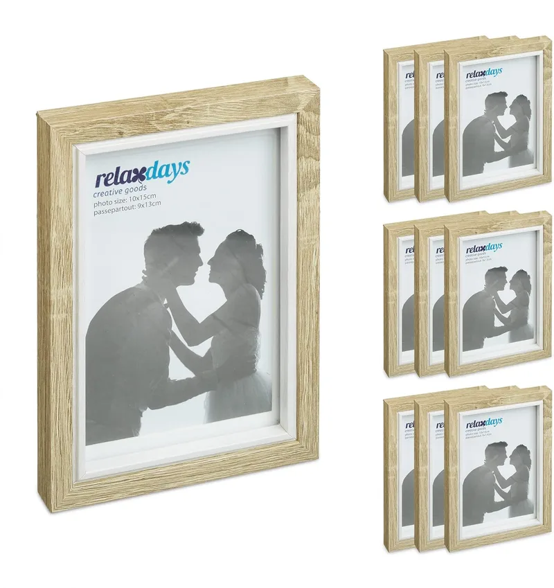 Relaxdays ▫️ Conjunto com 10 molduras para fotografias, 10x15, vertical ou horizontal, efeito madeira, porta-retratos, passepartouts, castanho e branco