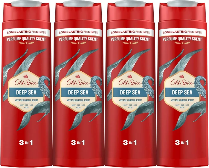 Old Spice ▫️ Deep Sea Men's Shower Gel & Shampoo 4x400ml, Gel 3 em 1 multiusos para rosto, corpo e cabelo, frescura duradoura, fragrância excecional, limpeza profunda