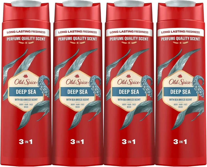 Old Spice ▫️ Gel de banho e champô 3 em 1 Deep Sea para homem, 4x400 ml