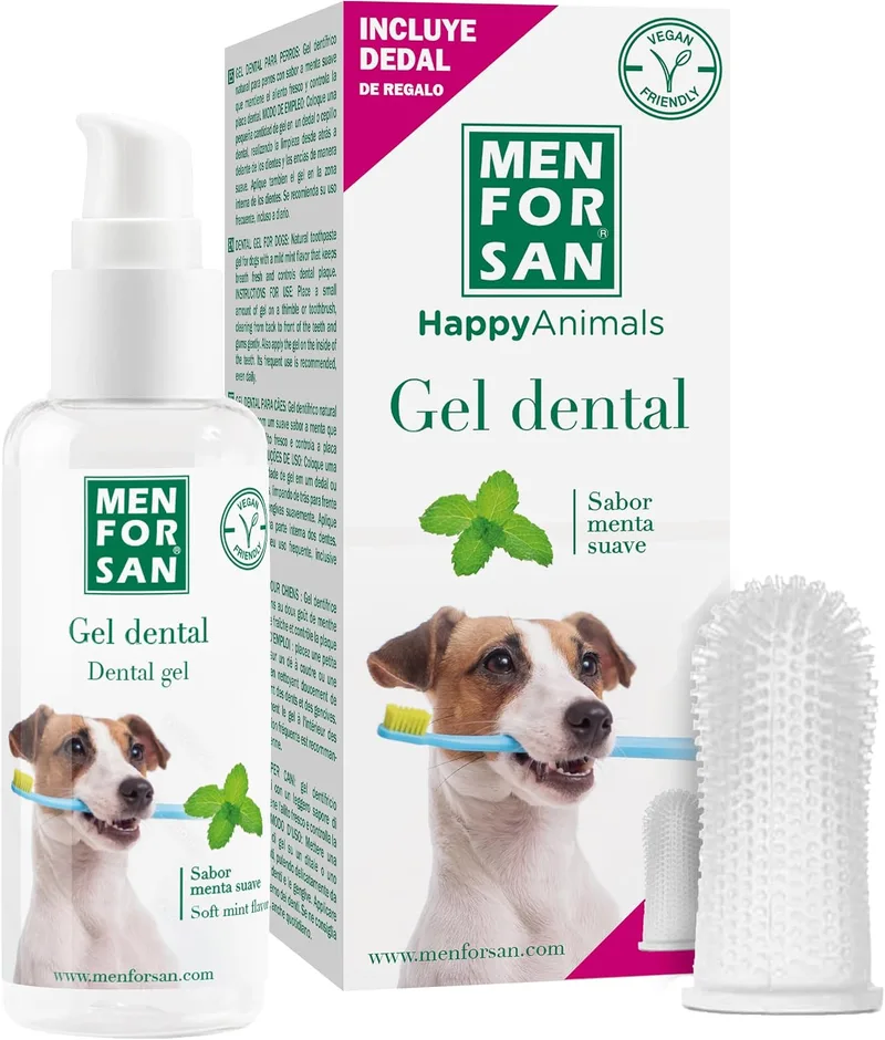 MENFORSAN ▫️ Gel dentário para cães | Gel dentário natural | Hálito fresco | Controla a placa dentária | Sabor a menta | Inclui um dedal de oferta | 60 ml