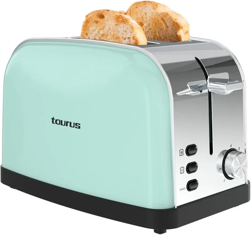 Taurus ▫️ Torradeira Vintage II Mint, 950 W, 2 ranhuras 135 x 35 mm, 7 níveis de torragem, 3 funções, desligamento automático, corpo em aço inoxidável, centragem automática, tabuleiro recolhedor de migalhas, elevação extra, suporte para cabos, verde