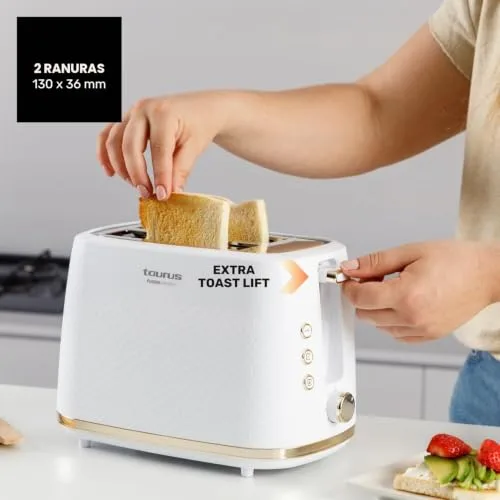 Taurus ▫️ Torradeira Fusion Crunch, 2 ranhuras curtas, 7 níveis de torragem, 3 funções: Cancelar, Reaquecer, Descongelar, centragem automática, tabuleiro para recolher migalhas, 800 W 5