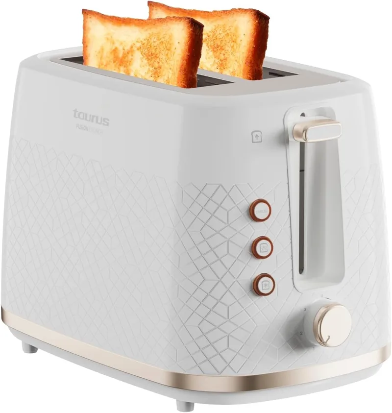 Taurus ▫️ Torradeira Fusion Crunch, 2 ranhuras curtas, 7 níveis de torragem, 3 funções: Cancelar, Reaquecer, Descongelar, centragem automática, tabuleiro para recolher migalhas, 800 W