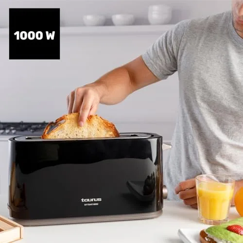 Taurus ▫️ Torradeira Mytoast Nero 1000 W, 7 níveis de torragem, ranhura extralarga 26 x 3,8, sistema de autocentragem, tabuleiro recolhedor de migalhas, elevação extra, enrolador de cabo, pés antiderrapantes 2